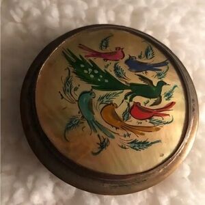 Vintage Persian Mother of Pearl Hand Painted BIrds Trinket Mirror Box